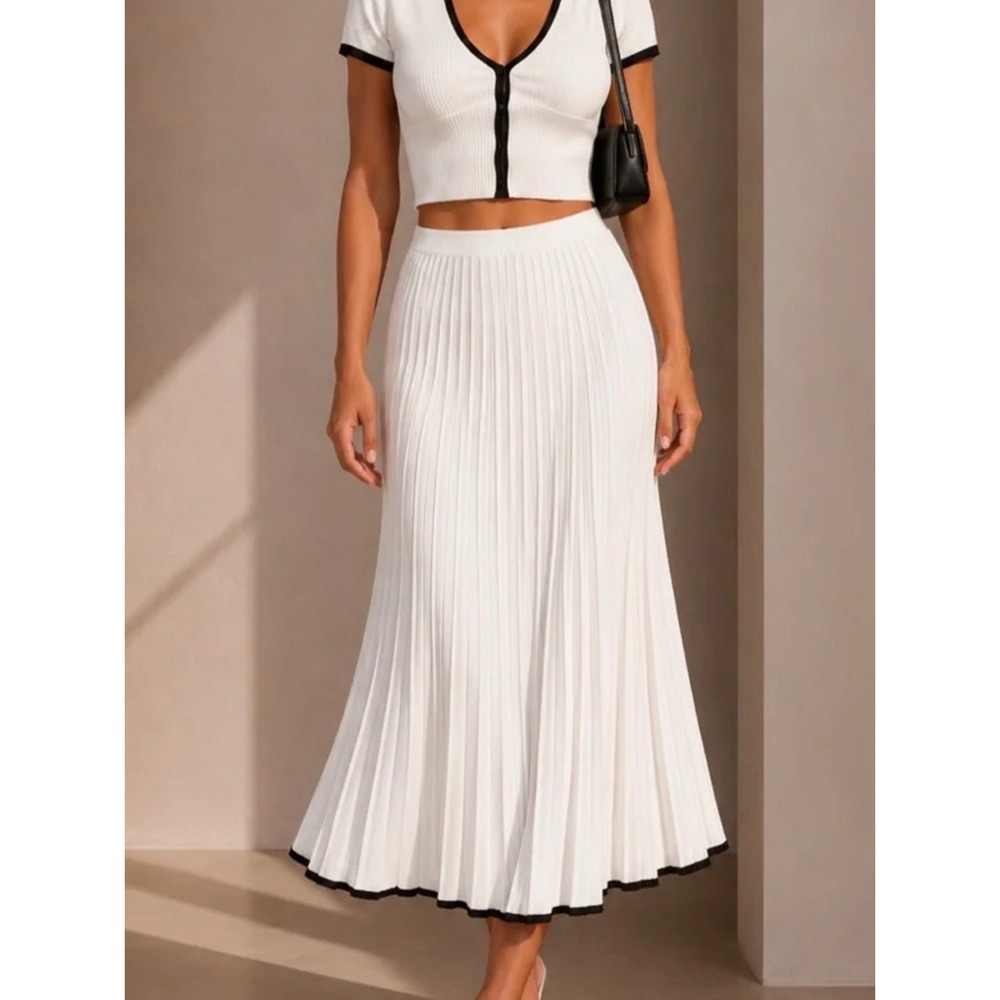 Commense Minimalism Contrast Trim Pleated Sweater Maxi Skirt XS Ivory Black